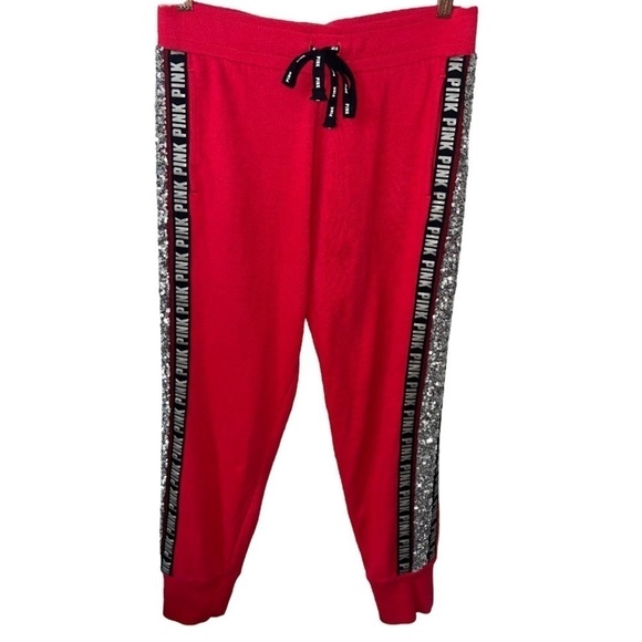 VS PINK Victoria’s Secret Red Bling Silver Sequin Joggers Pants Women’s Small - Picture 9 of 16